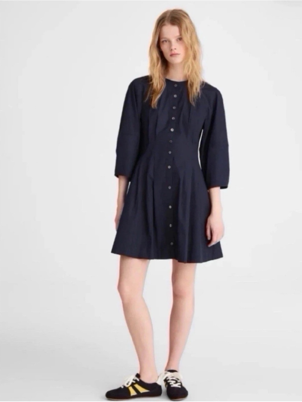 Madewell Sculptural-Sleeve Pleated Mini Dress‎ Navy Blue 8 NEW Dark Academia